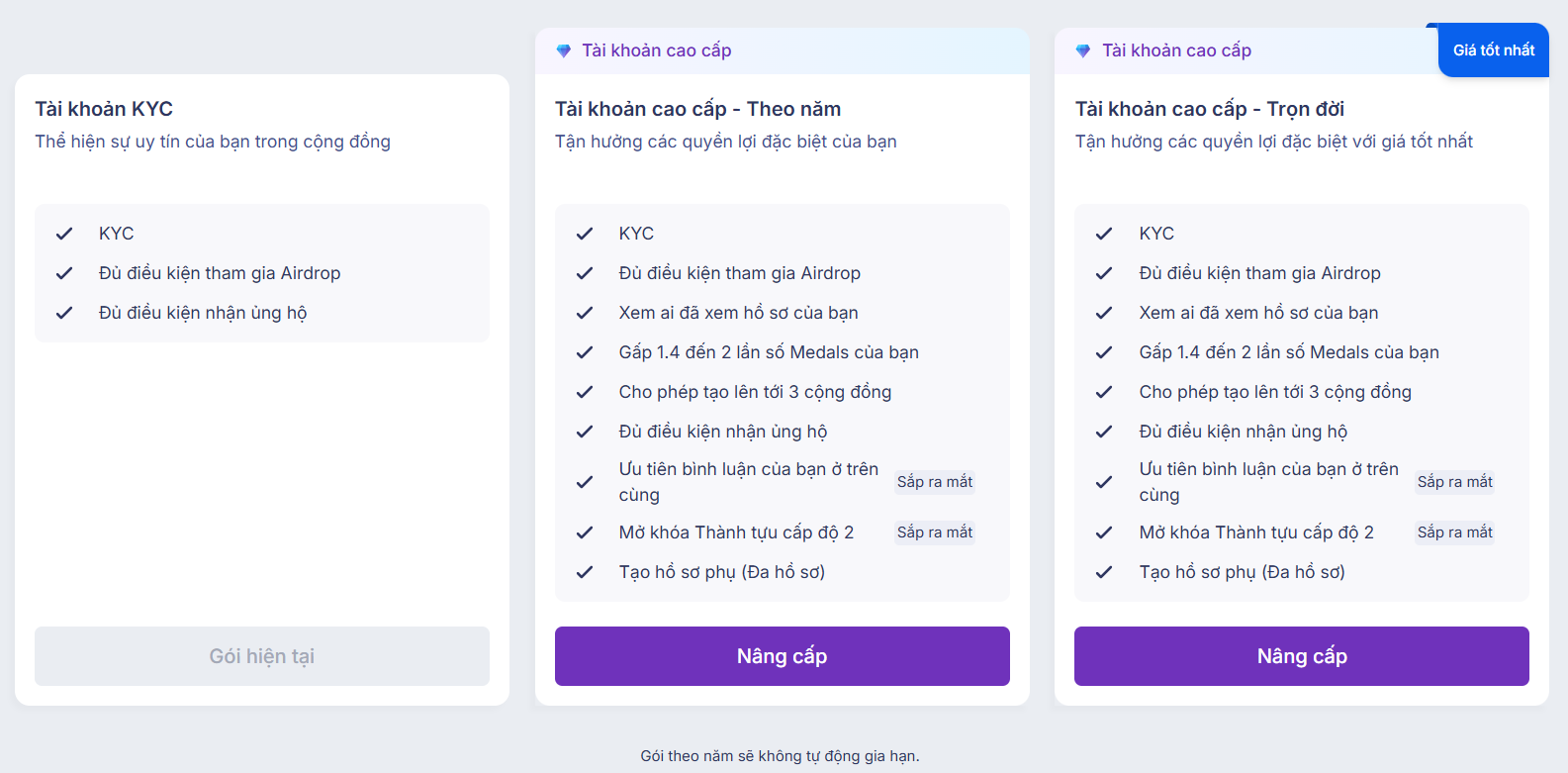 Các gói nâng cấp tài khoản