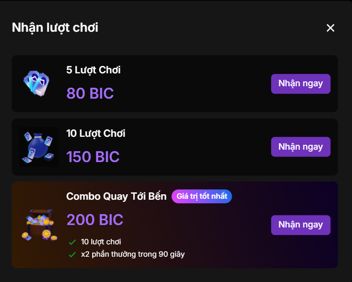 Danh sách gói lượt chơi